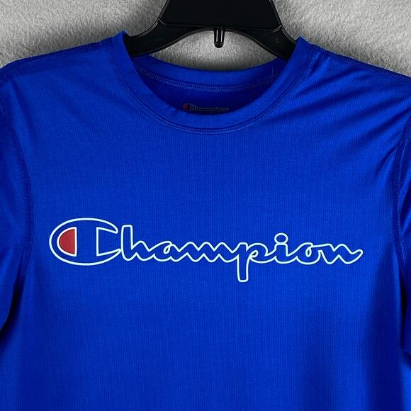 Champion Men's Small Logo Print T-Shirt Mesh Crew Neck Short Sleeve Blue NEW - Picture 3 of 10